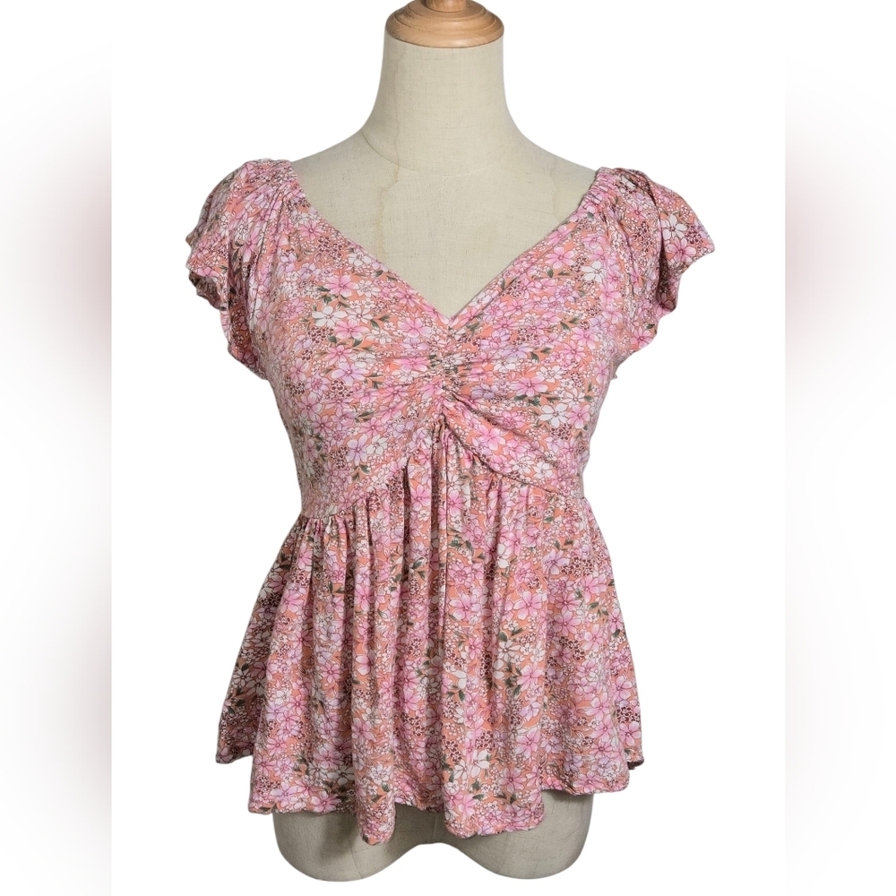 Japna Pink Flutter Sleeve Ruched Romantic Peplum Cottage Blouse